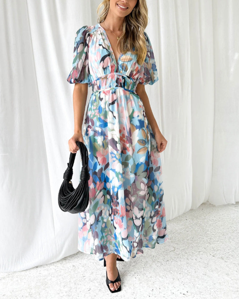 Arabella | Floral Print Lantern Sleeve Maxi Dress