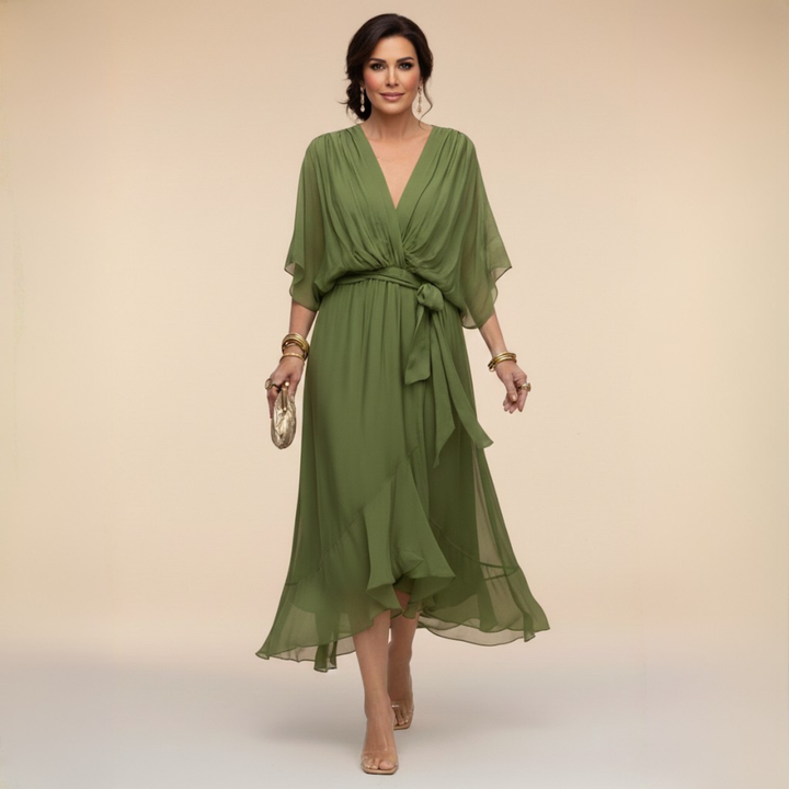 Rowena | Chiffon Batwing Belted Midi Dress