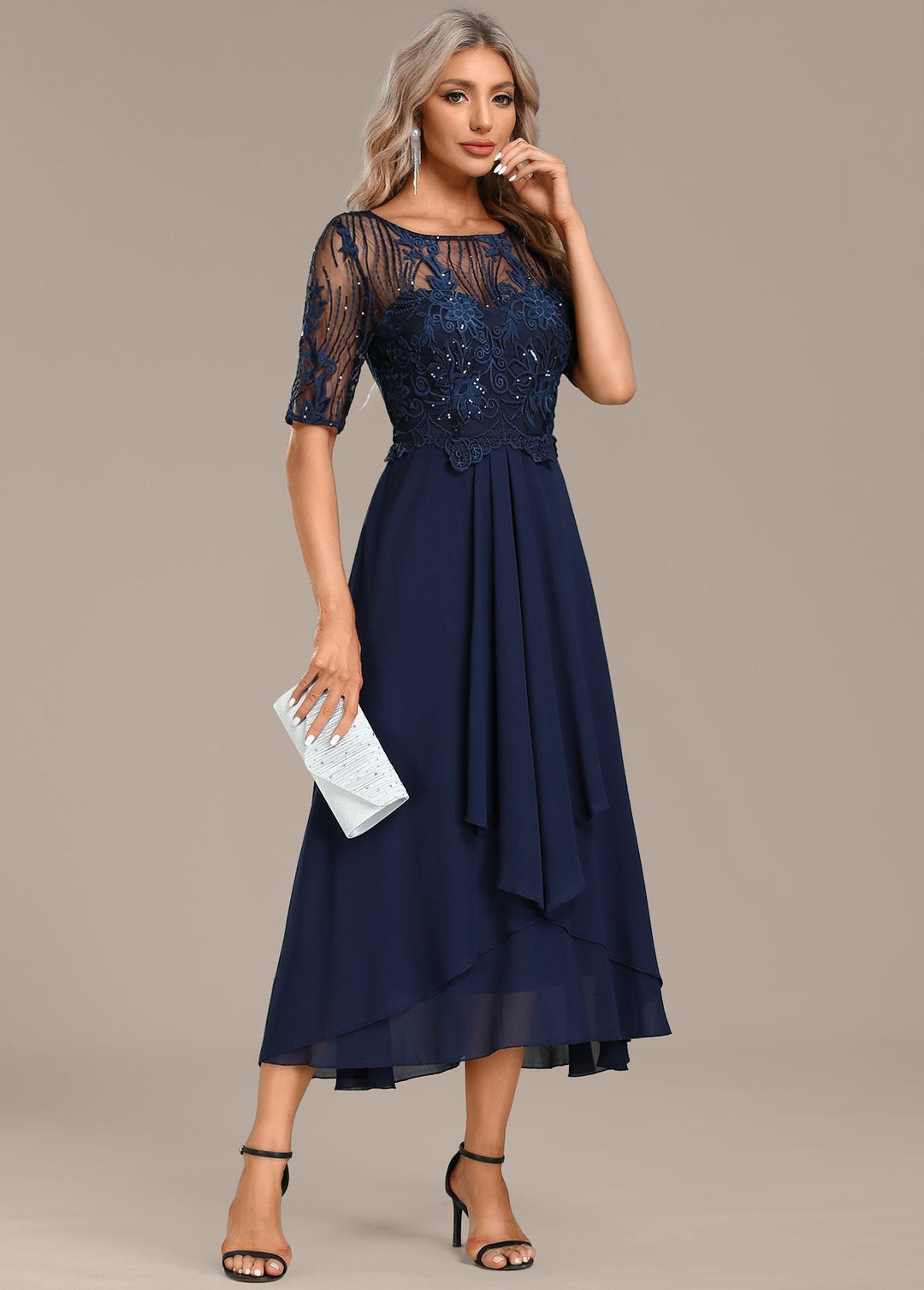 Sophie | Sequin Lace Bodice Chiffon Midi Dress