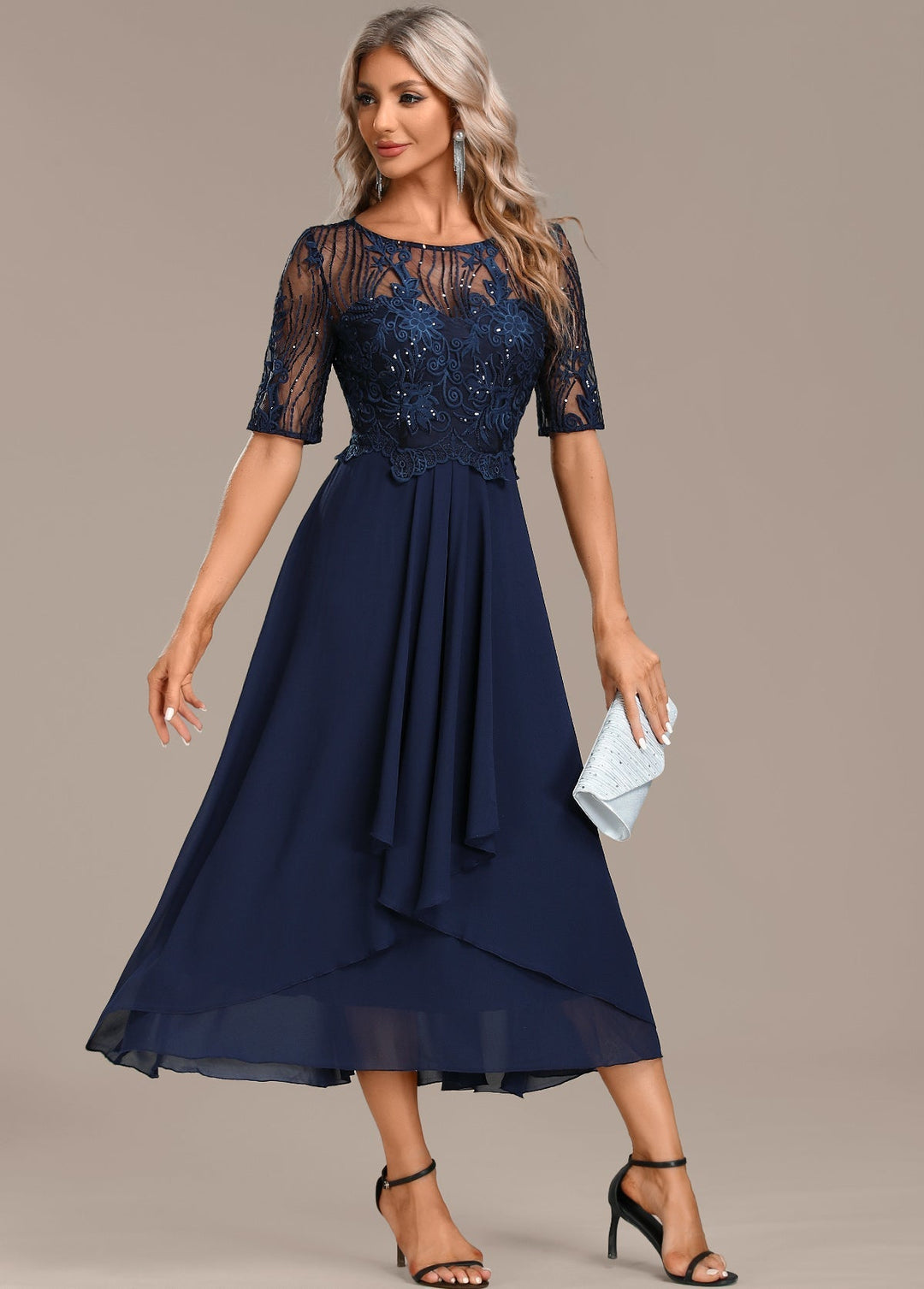 Sophie | Sequin Lace Bodice Chiffon Midi Dress