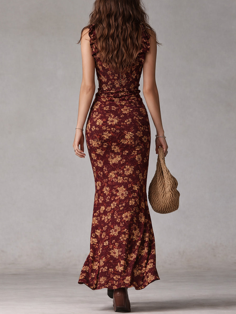 Emerald | Vintage Floral Ruffle Maxi Dress