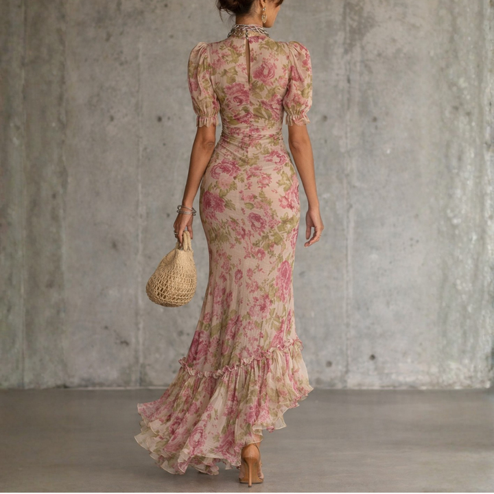 Elowen | Vintage Rose Puff Sleeve Ruffle Maxi Dress