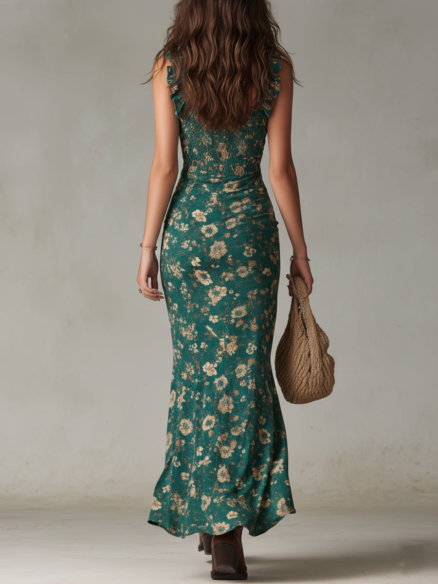 Emerald | Vintage Floral Ruffle Maxi Dress