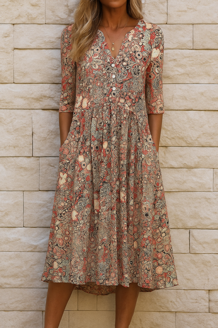 Jocasta | Artistic Floral Swirl Print Midi Dress