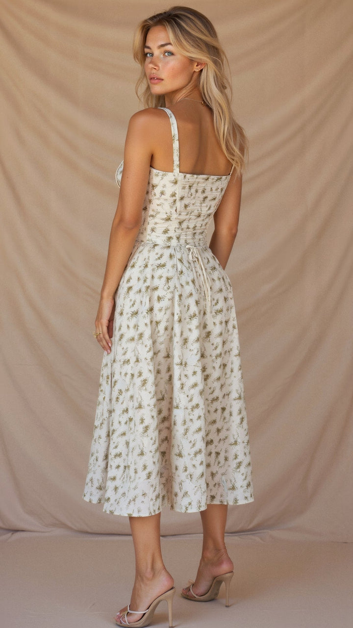 Corset Midi Dress – Tailored Waist and Flowing Skirt