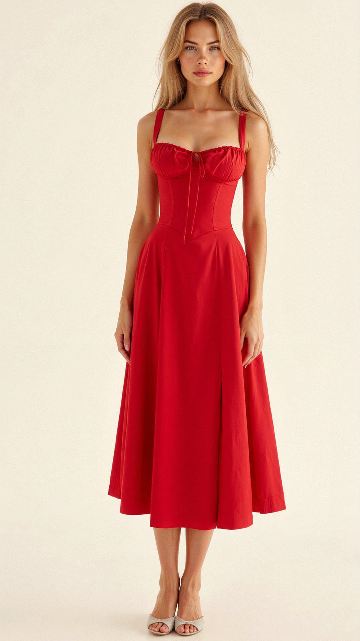 Corset Midi Dress – Tailored Waist and Flowing Skirt