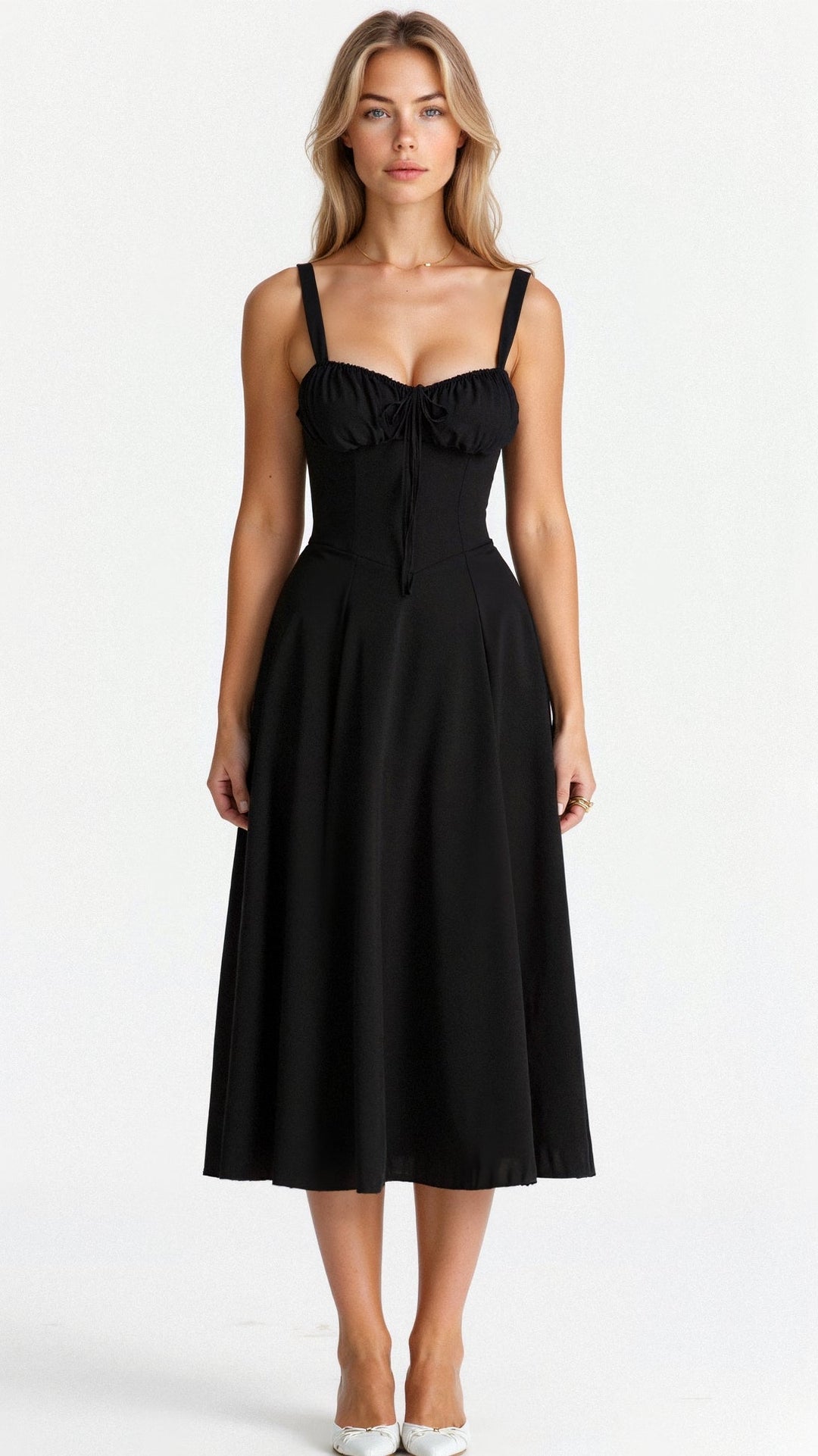 Corset Midi Dress – Tailored Waist and Flowing Skirt