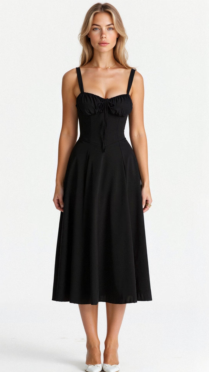 Corset Midi Dress – Tailored Waist and Flowing Skirt