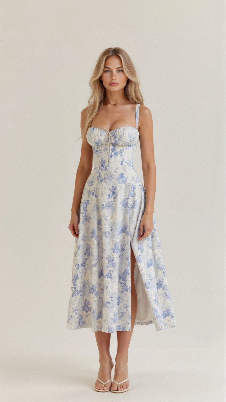 Corset Midi Dress – Tailored Waist and Flowing Skirt