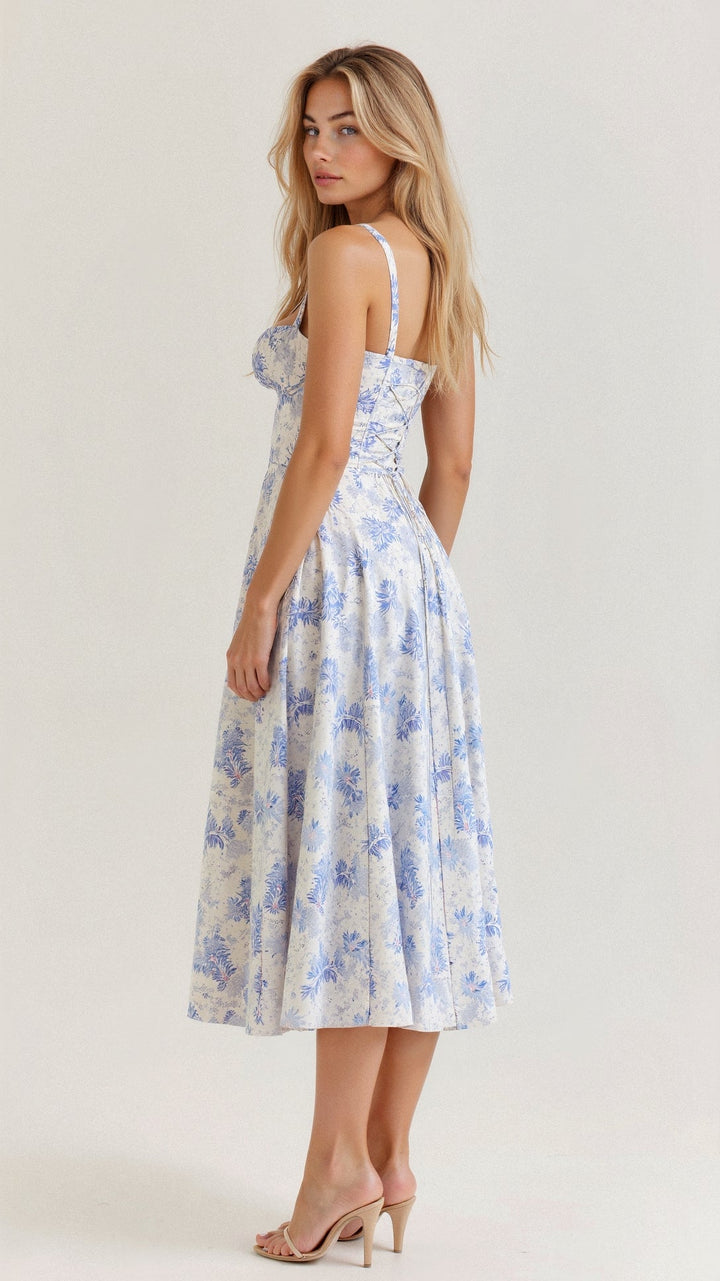 Corset Midi Dress – Tailored Waist and Flowing Skirt