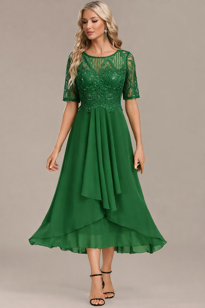 Sophie | Sequin Lace Bodice Chiffon Midi Dress