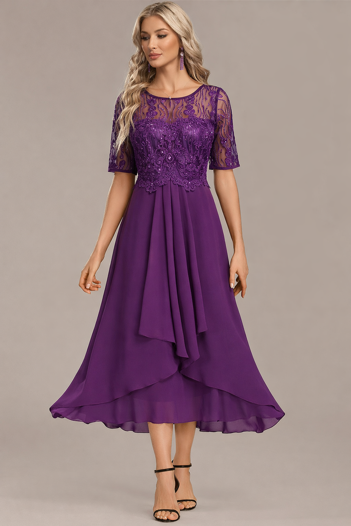 Sophie | Sequin Lace Bodice Chiffon Midi Dress