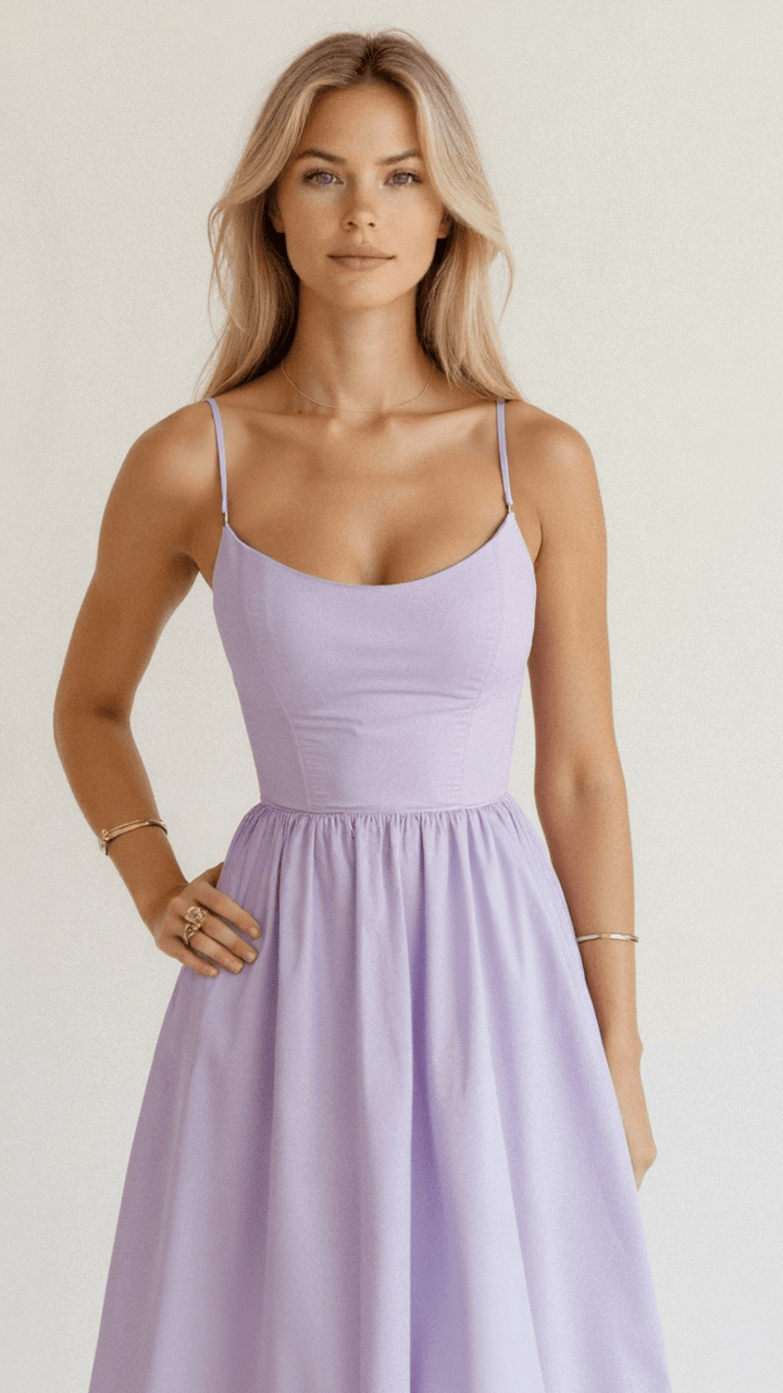 Women’s A-Line Midi Dress – Ascot Style – Spaghetti Straps – Flowing Design – Elegant Fit