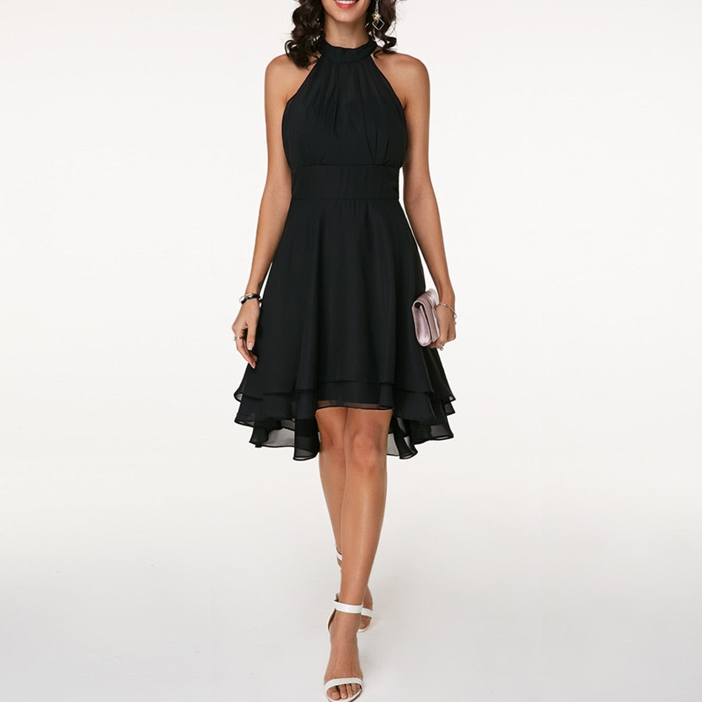 Women’s Halter Midi Dress – Flared Skirt with Ruffle Detailing