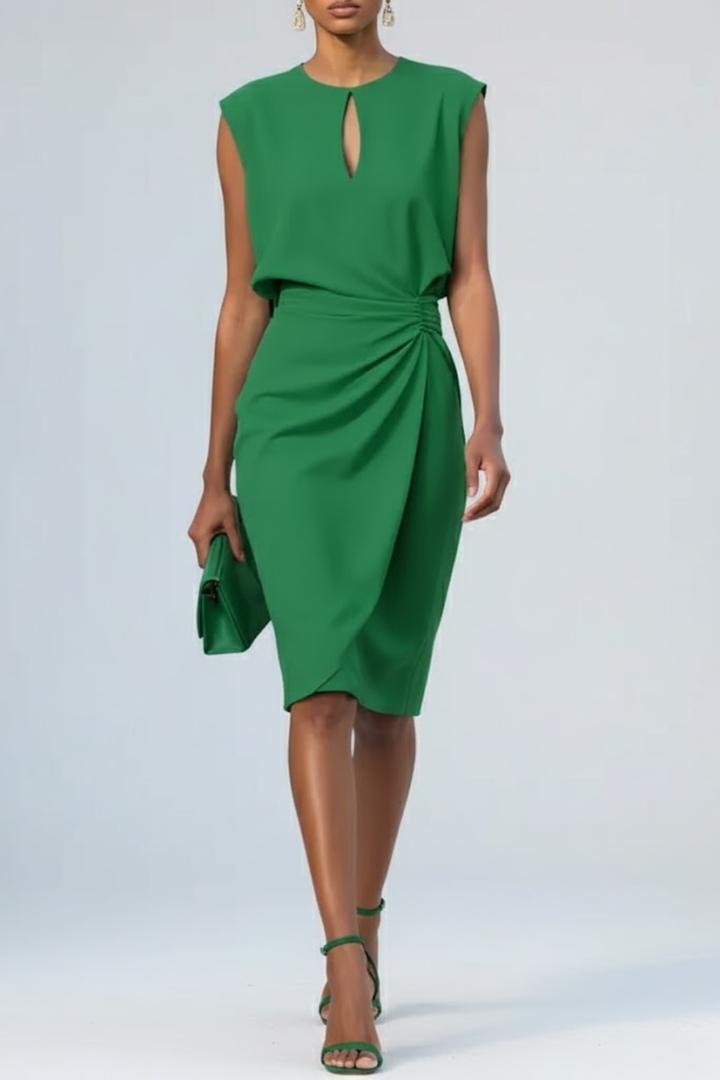 Women’s Keyhole Neck Midi Cocktail Dress – Elegant Ruched Waist Design