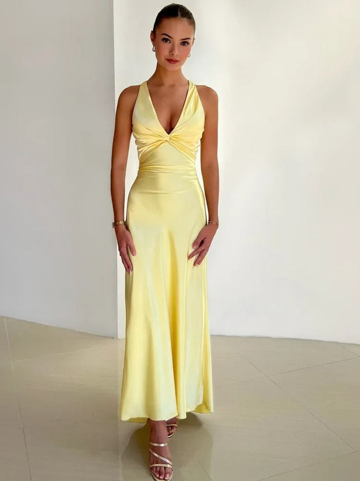 Women’s Satin Halter Neck Maxi Dress – Ruched Backless Evening Gown