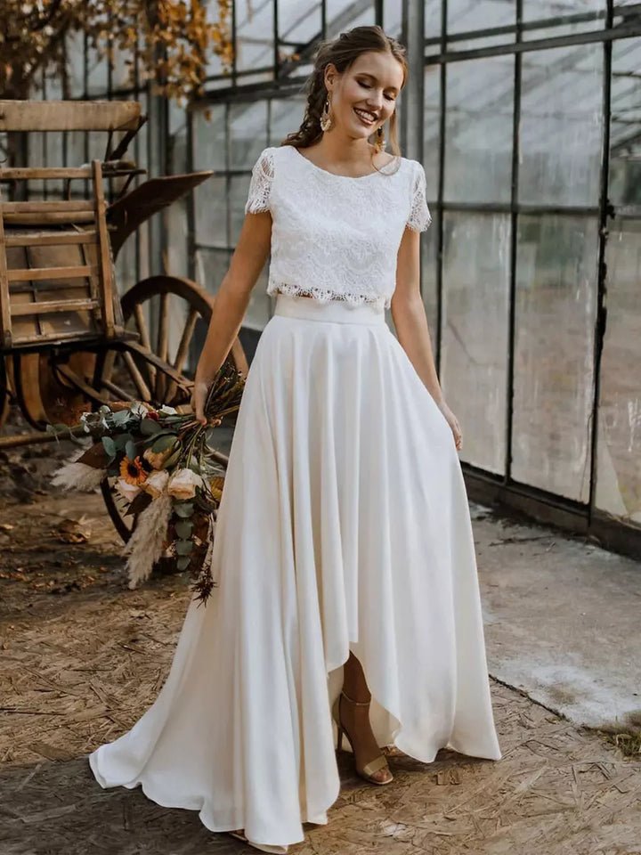 Women’s White Two-Piece Bridal Gown – Elegant Lace Top and Flowing Maxi Skirt