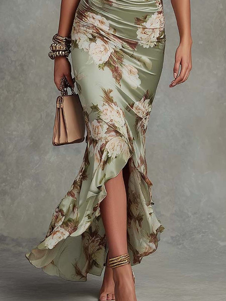 Serena | Ruched Floral Satin Maxi Dress