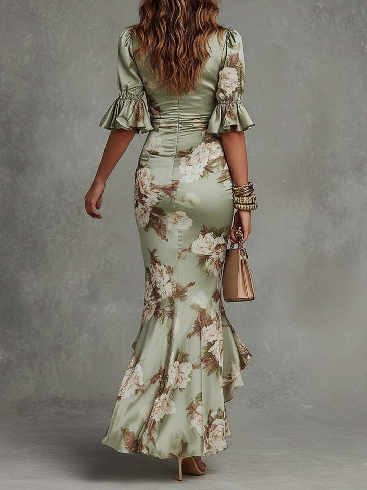 Serena | Ruched Floral Satin Maxi Dress