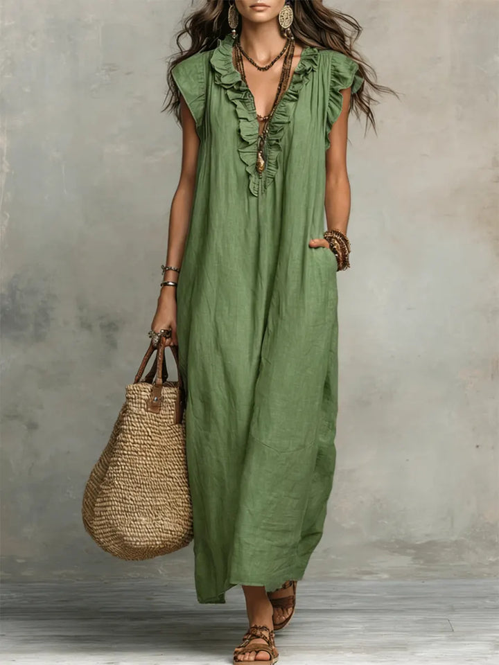 Margot | Ruffle-Neck Linen Maxi Dress