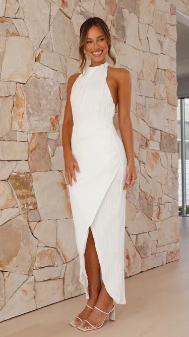 Stella | Halterneck Pleated Wrap Maxi Dress